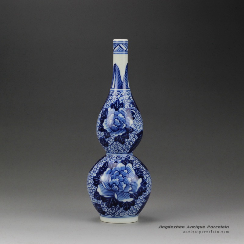 RYQA07-B_Narrow neck calabash shaped hand painted blue and white mini flower vase