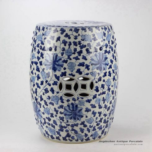 RYRJ10_Flower and branch pattern hand painting cobalt and white ceramic end table stool