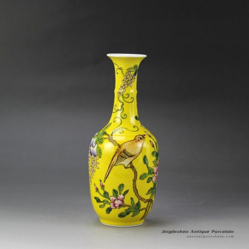RYRK22_Famille rose glazed hand painted bird grape floral pattern yellow decorative vase