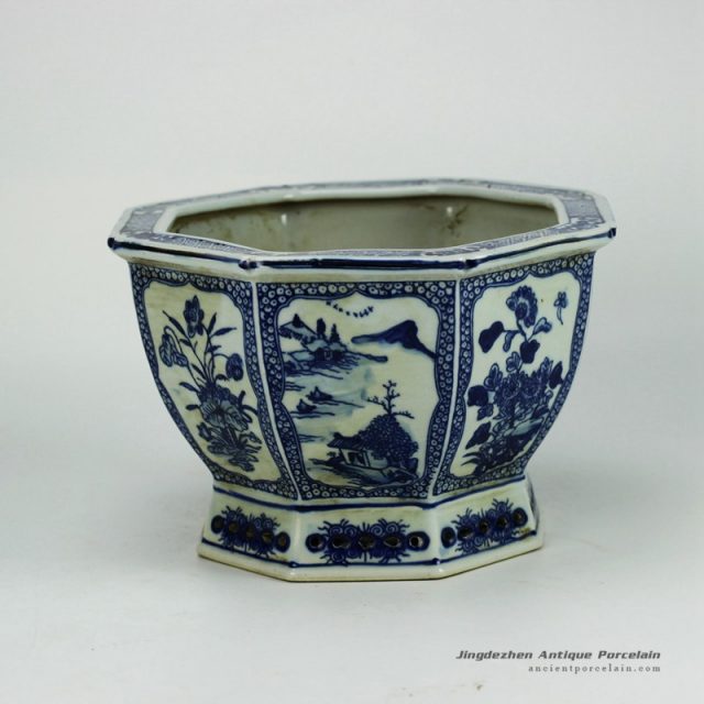 RYSZ01-OLD_Hand painted landscape and flowers pattern blue and white planter