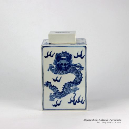 RYTD07-B_Blue and white hand painted flying dragon square box shape ceramic container jar