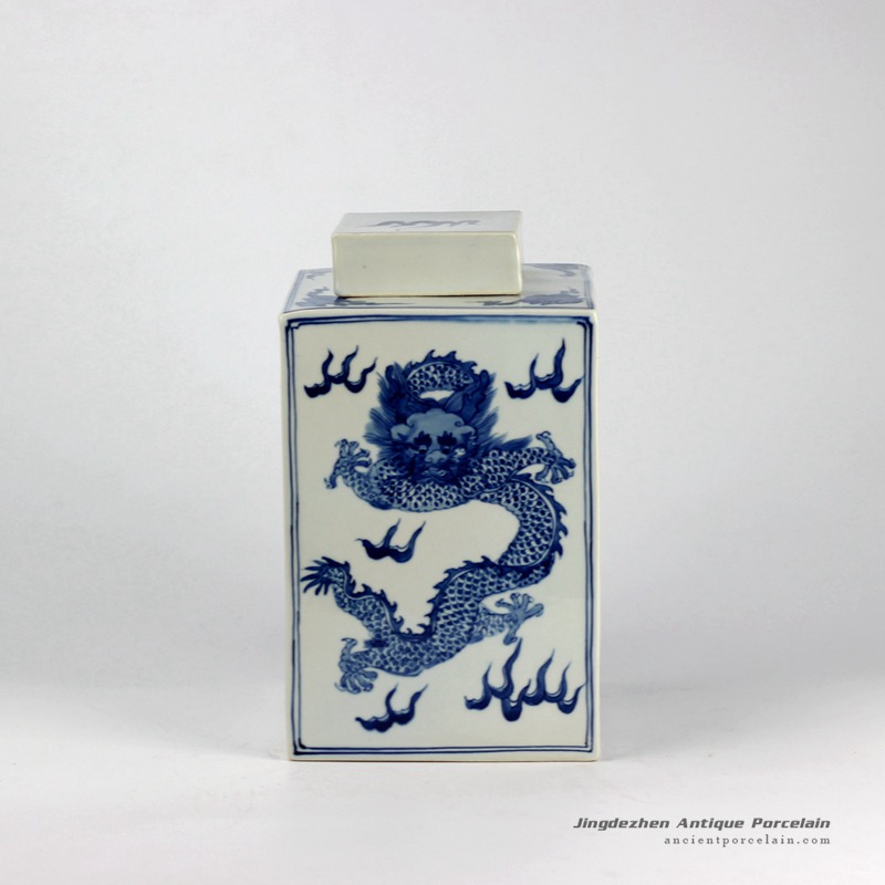 RYTD07-B_Blue and white hand painted flying dragon square box shape ceramic container jar