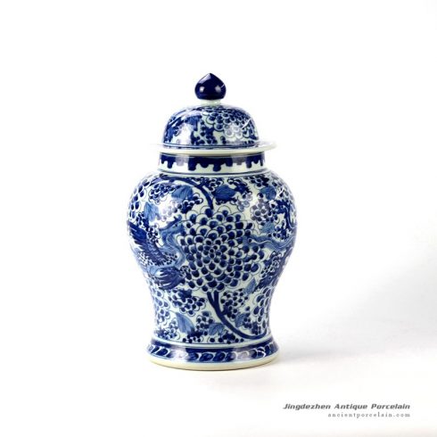 RYTD35_Reproduction cobalt and white pigment hand paint Chinese legend mythical phoenix pattern vintage porcelain jar
