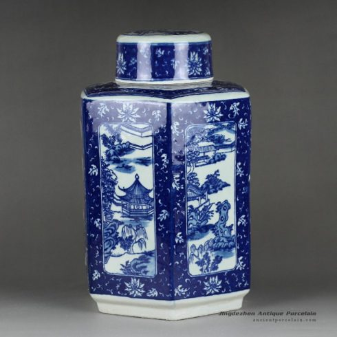 RYTM50_Antique reproduction blue and white hand paint southern China landscape pattern ceramic tin jar