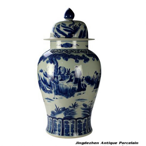 RYUC04_Oversize hand making cobalt and white scholar pattern ceramic temple jar