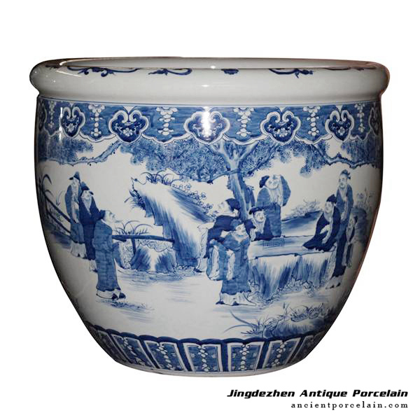 RYUC05_Hand paint literary man of ancient China pattern under glaze blue porcelain large outdoor fish pond
