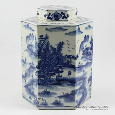 RYUK12_H11.5″ Hand painted landscape Jindezhen Porcelain Blue and White Cookie jars
