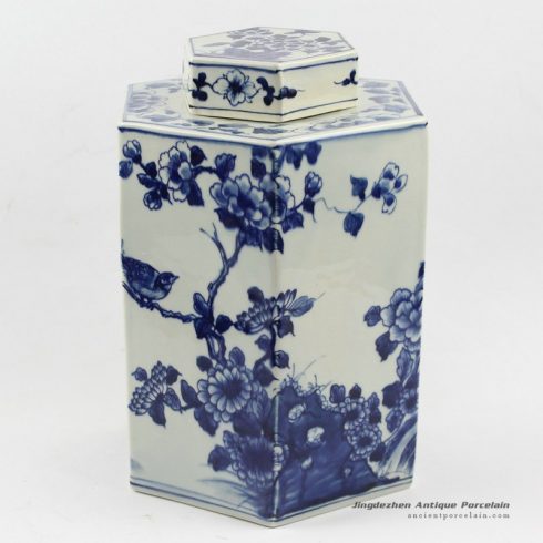 RYUK13_H11.4″ wholesale jars hand painted Blue white flower bird Hexagon Jar