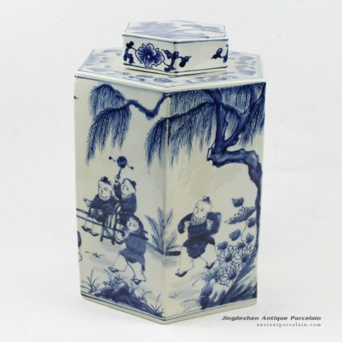 RYUK14_H11.5″ Jindezhen Porcelain Blue and White Ceramic jars, Hand painted Children design