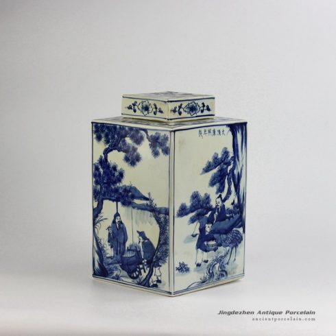 RYUK15-B_Qing Dynasty Kangxi Emperor era reproduction hand paint ancient Chinese farming life pattern ceramic square blue and white jar