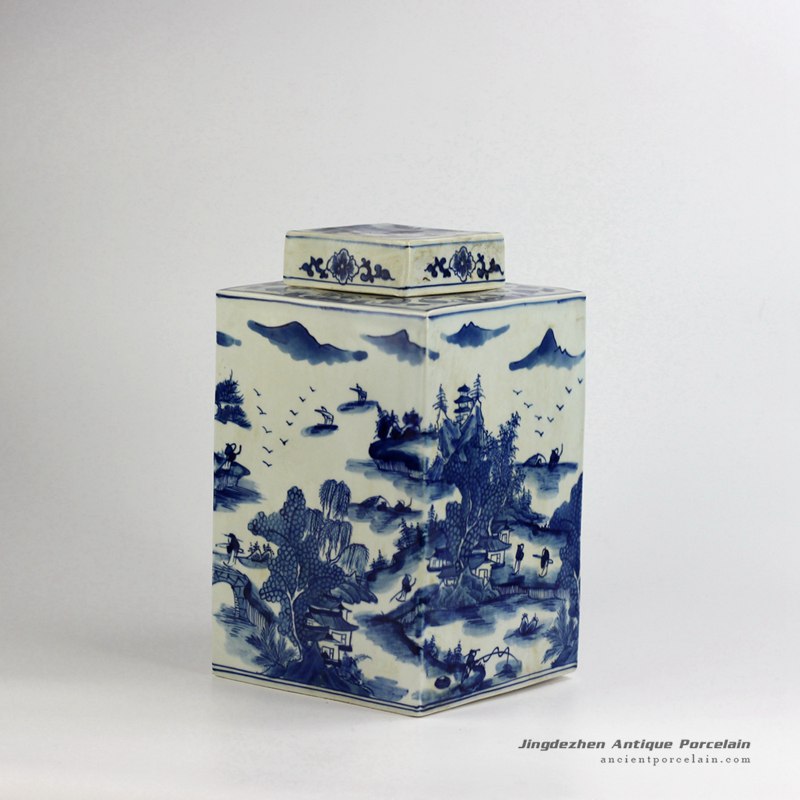 RYUK15-C_Qing Dynasty Kangxi Emperor era reproduction hand paint landscape pattern ceramic square blue and white jar