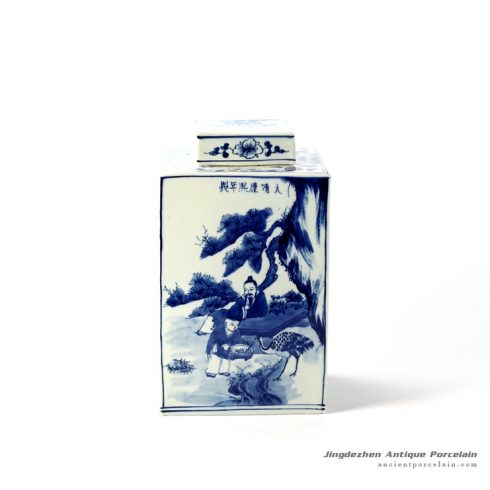 RYUK15-D_Hand painted in cobalt and white father children pattern square cookie jar