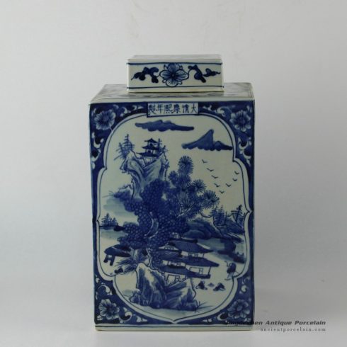 RYUK15_12″ Qing dynasty reproduction blue white square hand painted ceramic jar lidded
