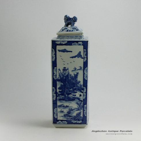 RYUK21_19inch Landscape design Blue & White Square Jars with Foo Dog Lid