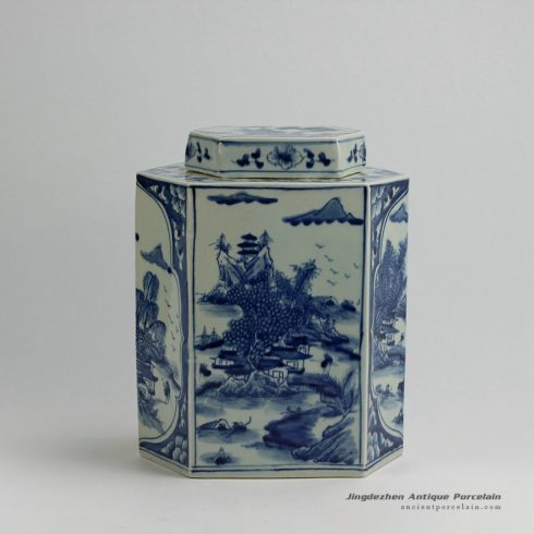 RYUK22_12″ Landscape design 6 Sided Blue & White Jars