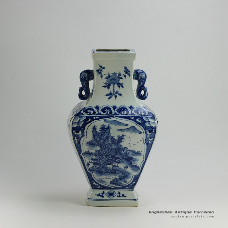 RYUK24_17.4″ Landscape design Blue White Vases with Handles