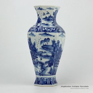 RYUK28_Hexahedral hand painted landscape pattern blue and white tall vases wholesale