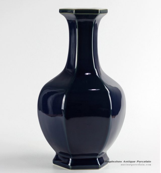 RYUU13_Deep blue smoothly glaze 6 side ceramic flower vase