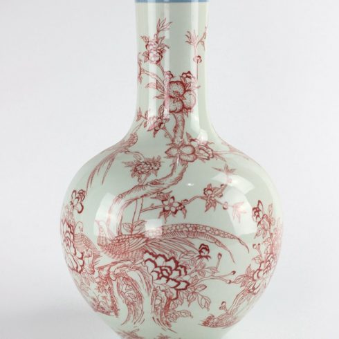 RYUU15_Jingdezhen China unique white background red wild bird pattern ceramic globular vase