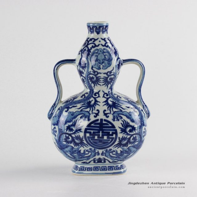 RYUU18_dynasty design blue and white dragon pattern ceramic gourd shape vase with handle