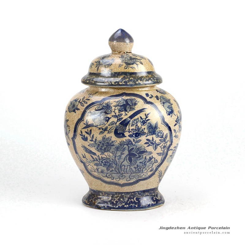 RYUV05-OLD_Crackled ground glazed bird flower pattern blue and white ceramic chinese ginger jar