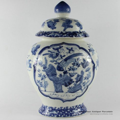 RYUV05_14inch Chinese Blue and White Flower Bird Ceramic Ginger Jar