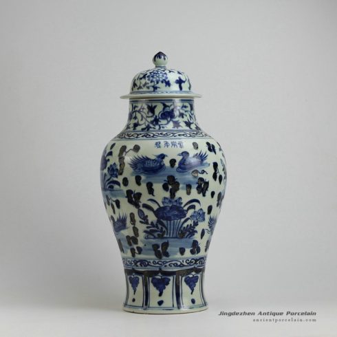 RYUV16_17.5inch Hand painted flower bird Blue and white Ginger jar