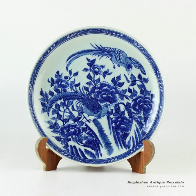 RYXC27_11.4″ Hand painted blue and white peony and birds pattern ceramic decor plate