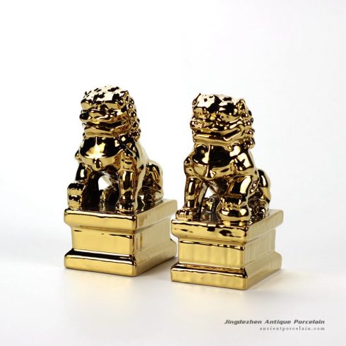 RYXP21-N_Chinese traditional lions door guard scaled down version ceramic gold lion figurine