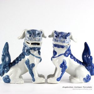RYXZ10_Pair of Chinese mythology ceramic dog statues in cobalt blue color