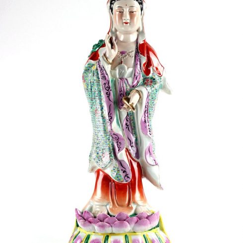 RYXZ16_Standing on lotus throne colored ceramic Avalokiteshvara figurine