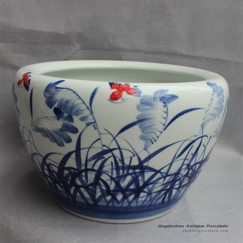 RYYY14_D16″ Blue and white ceramic planter grass design