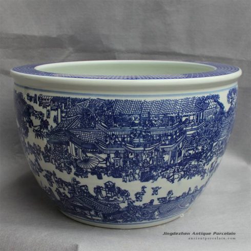 RYYY15_D16″ Blue and white ceramic planter Chinese cityscapes