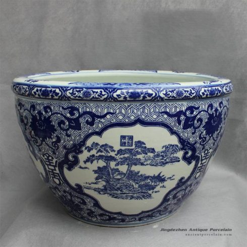 RYYY28_21.5″ Ceramic blue and white planters mountain and tree design
