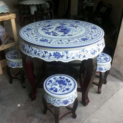 RYYZ12_Hand paint Chinese mandarin couple ducks and lotus pattern wood and ceramic mixed style table and stool