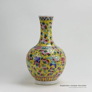 RYZG08_H16.5″ Jingdezhen hand painted yellow pink fruit and children design famille rose porcelain vases