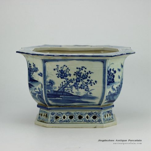 RZAJ08-old_Hand paint floral pattern 8 sides Asian porcelain antique flower pot