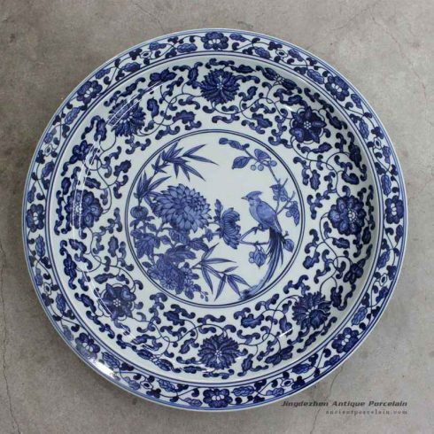RZBD05_15.7″ hand painted blue white chrysanthemum and bird porcelain plate