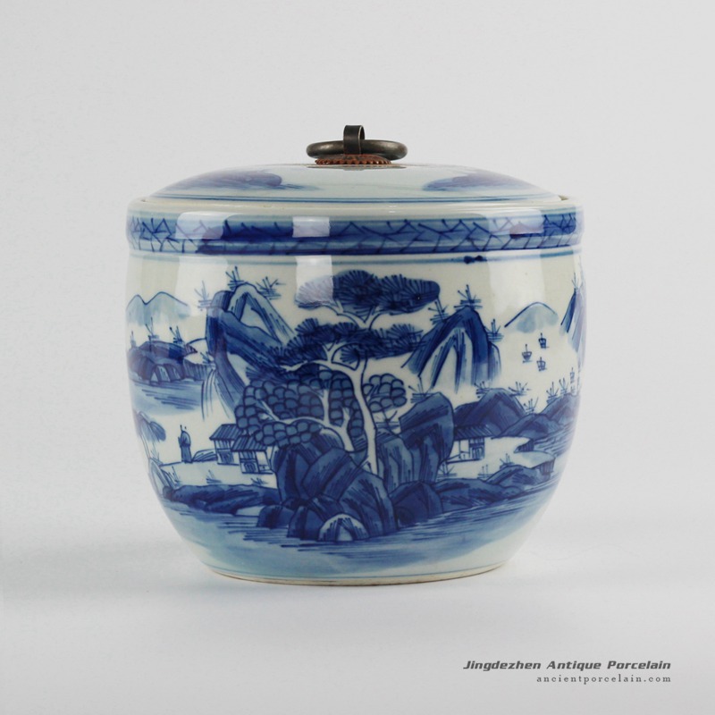 RZCC04-B_fine art Asian scenery pattern blue and white porcelain lidded tea caddy