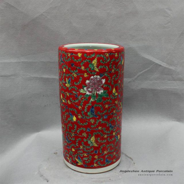 RZCX01_Famille rose floral painted ceramic umbrella stand red