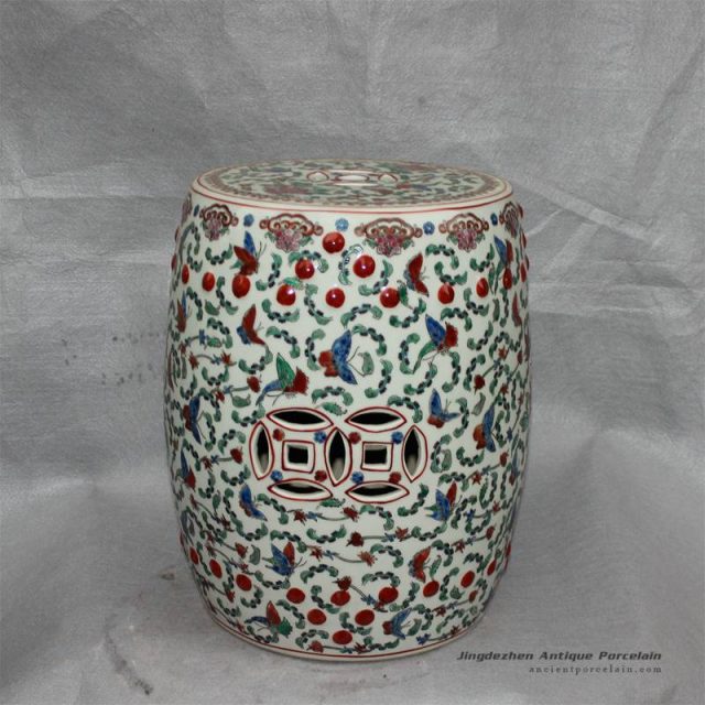 RZCX04_15.7″ Famille rose white floral butterfly Chinese garden stool