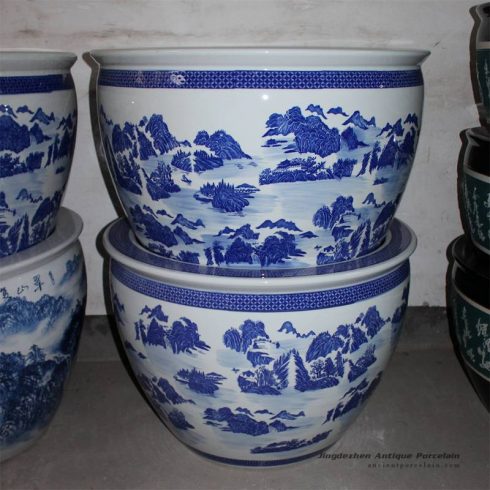 RZDE01_28.3″ Blue white landscape design ceramic fish bowls