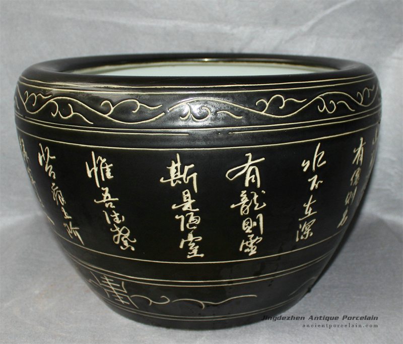 RZDE03_15.7″ Chinese character ceramic fish bowls black