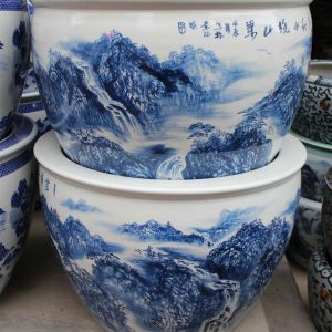RZDE07_28.3″ Chinese hand painted landscape blue white planters