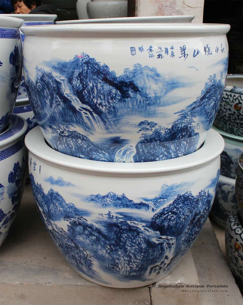 RZDE07_28.3″ Chinese hand painted landscape blue white planters