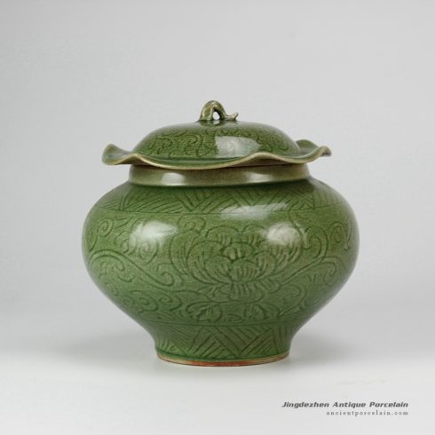 RZDF04_Hand carved underglazed lotus pattern lotus leaf shaped lid green art craft jar