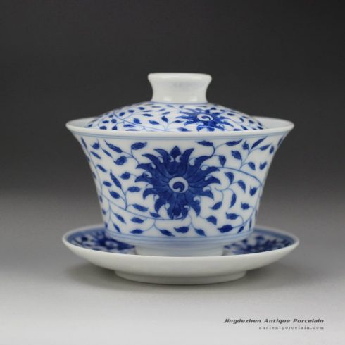 RZDX13_Hand paint flower pattern blue and white ceramic tea ware gaiwan