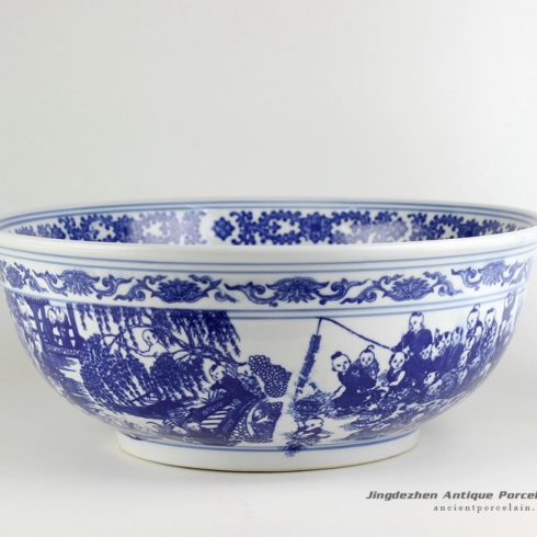 RZED01-A_ 16″ Chinese blue white fish bowls children playing design