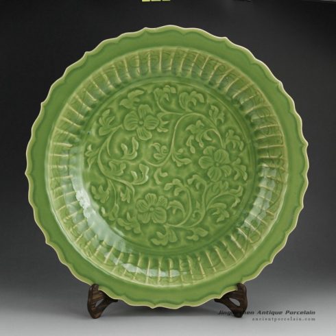 RZES01-A_17inch Celadon engraved dragon, flower and fish design decor. porcelain plate