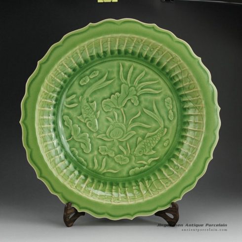 RZES01-B_17inch Celadon engraved dragon, flower and fish design decor. porcelain plate